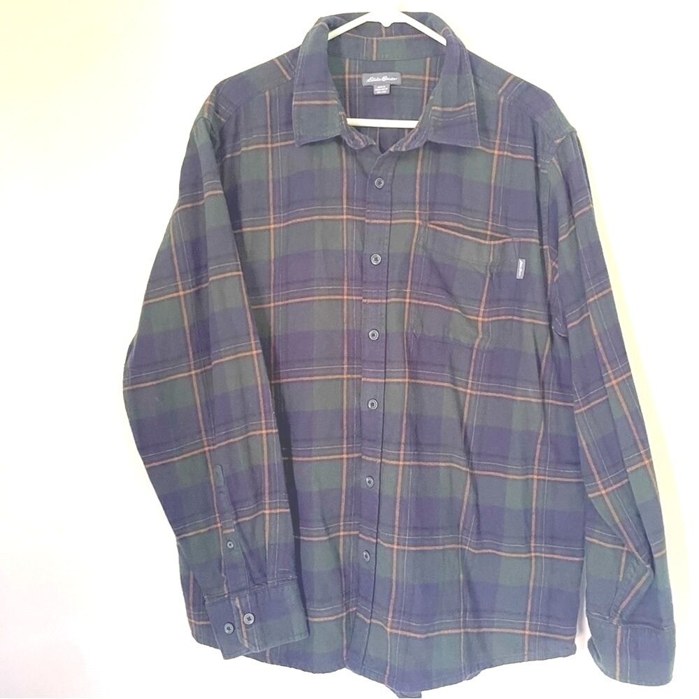 Eddie‎ Bauer Flannel Shirt Mens XXL Green Navy Blue Plaid Long Sleeve Button Up